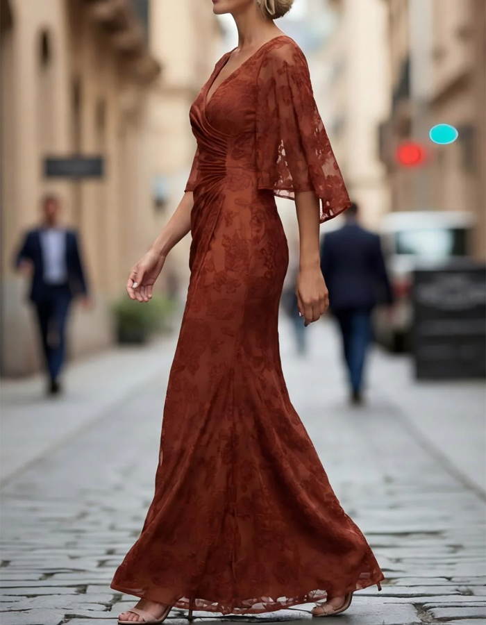 V-Neck Ruffled Waist Lace Maxi Dress