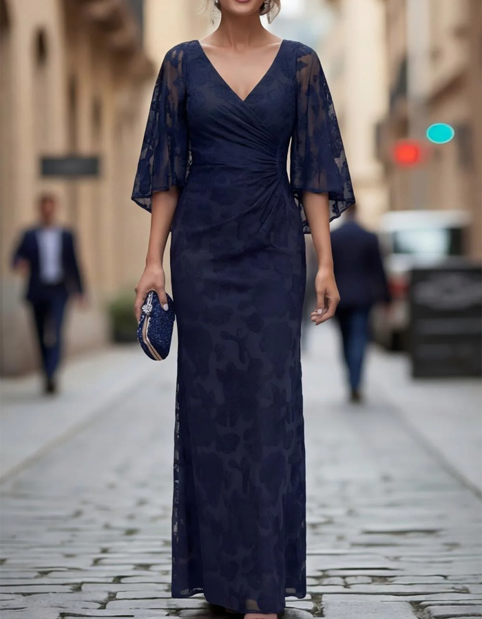 V-Neck Ruffled Waist Lace Maxi Dress