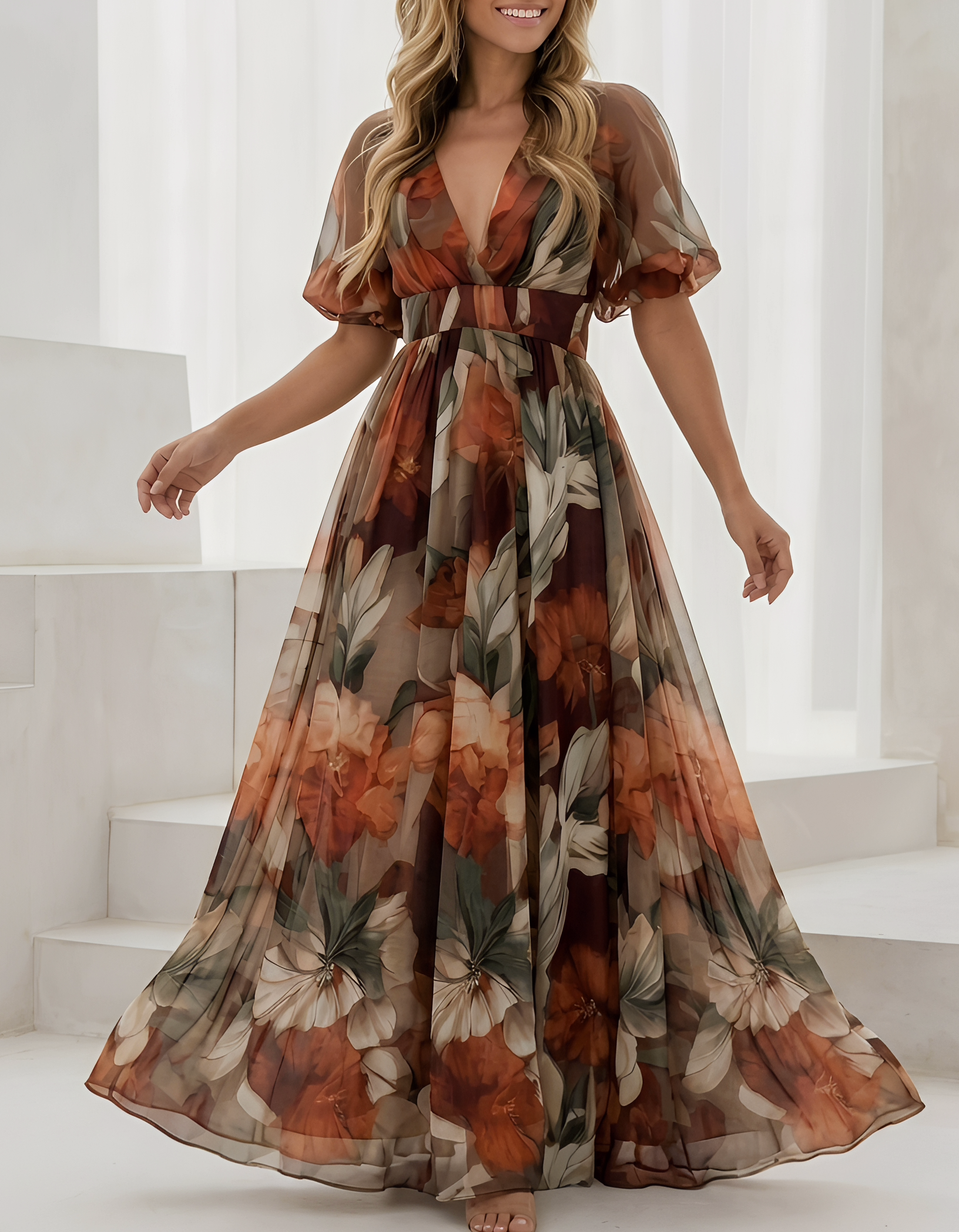 Brown Printed Chiffon V-Neck Empire-Waist Maxi Dress