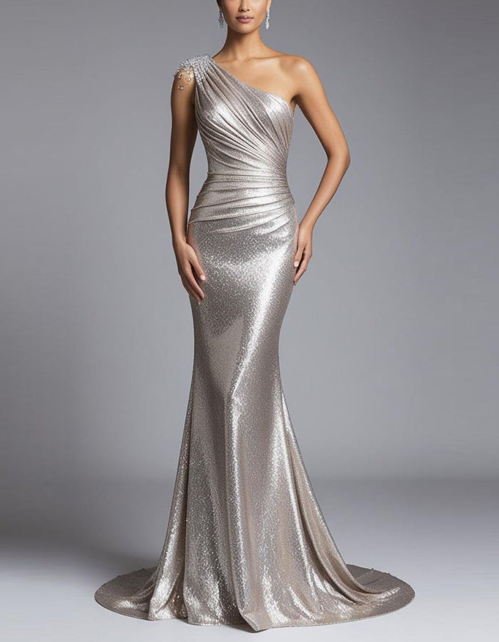 Light Champagne Sloping Shoulder Rhinestone Mermaid Tail Maxi Dress