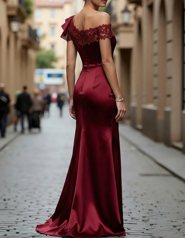 Burgundy Off-the-Shoulder Lace Satin Maxi Dress