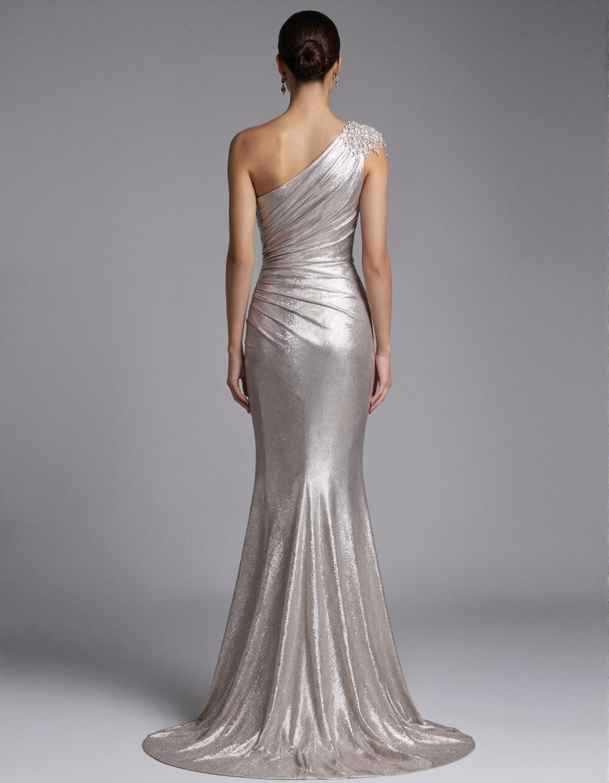 Light Champagne Sloping Shoulder Rhinestone Mermaid Tail Maxi Dress