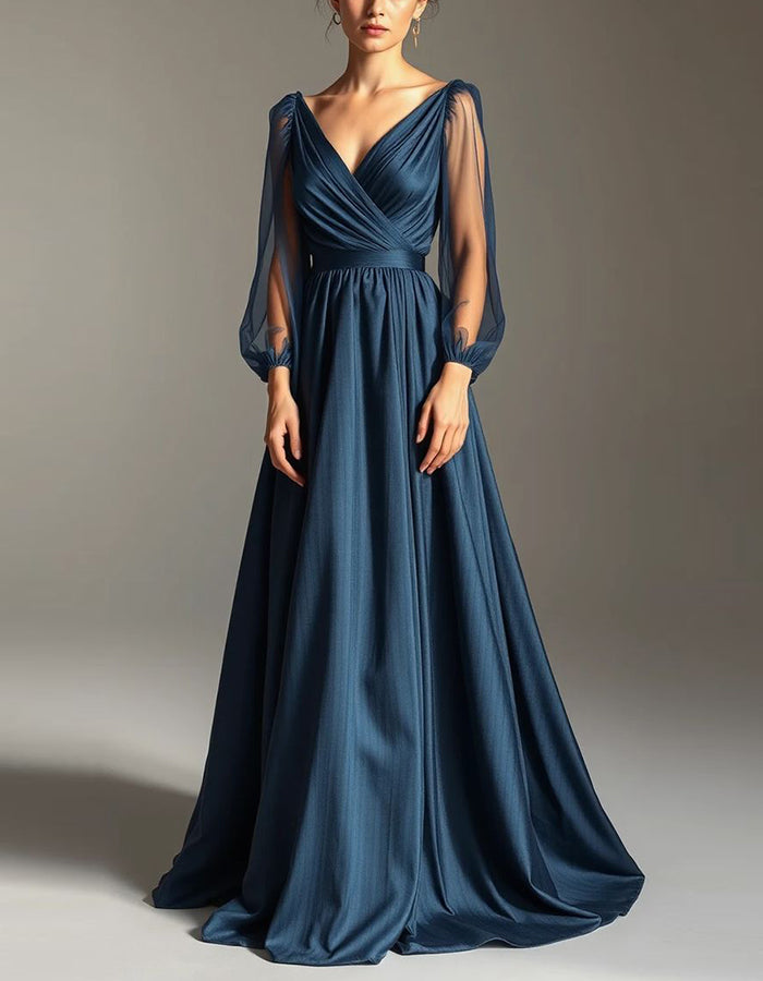 Blue V-Neck Mesh Puff Sleeves With Satin Trim Maxi Dress