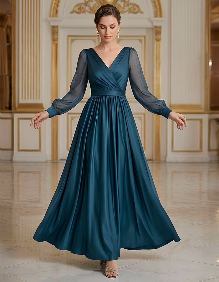 Blue V-Neck Mesh Puff Sleeves With Satin Trim Maxi Dress