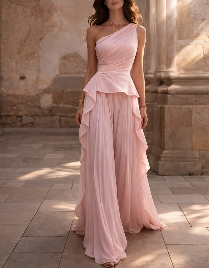 Blush Pink One-Shoulder Ruffled Chiffon Maxi Dress
