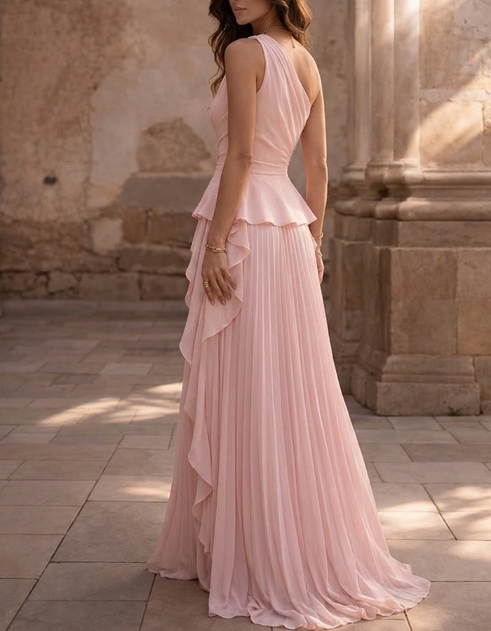 Blush Pink One-Shoulder Ruffled Chiffon Maxi Dress