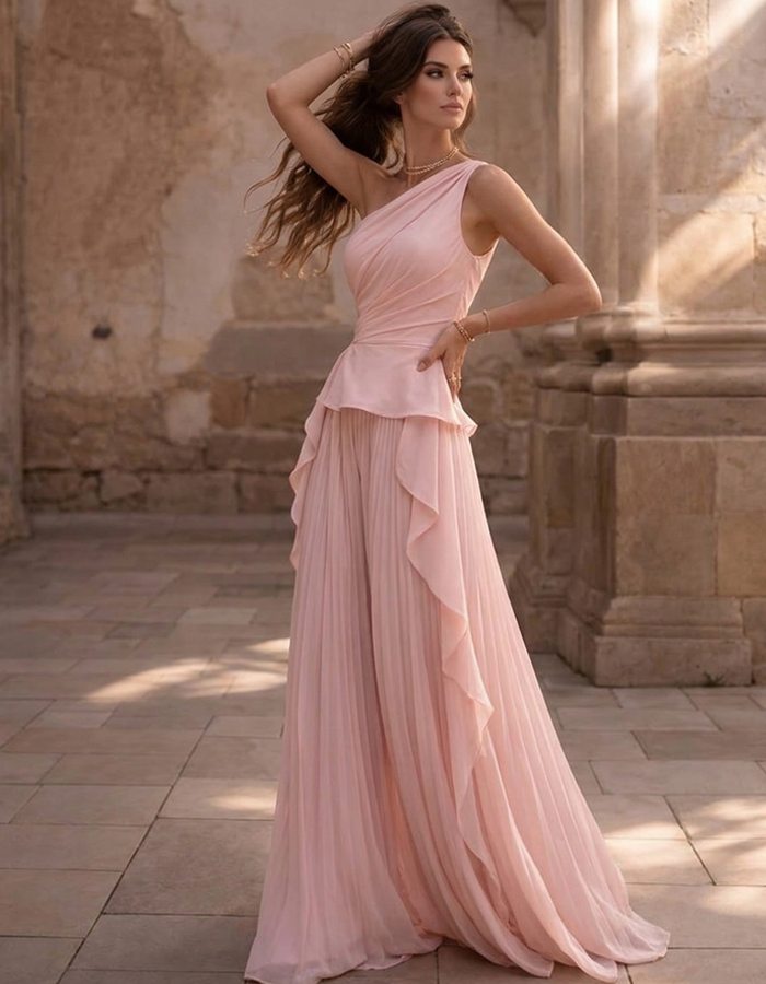 Blush Pink One-Shoulder Ruffled Chiffon Maxi Dress