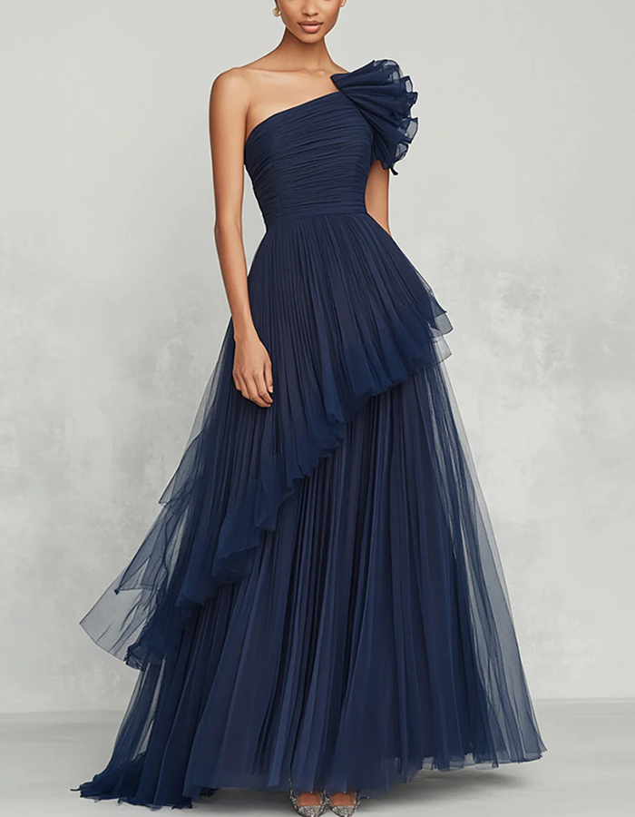 Navy One-Shoulder Ruffled Tulle Maxi Dress