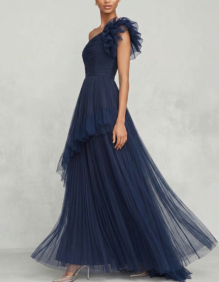 Navy One-Shoulder Ruffled Tulle Maxi Dress