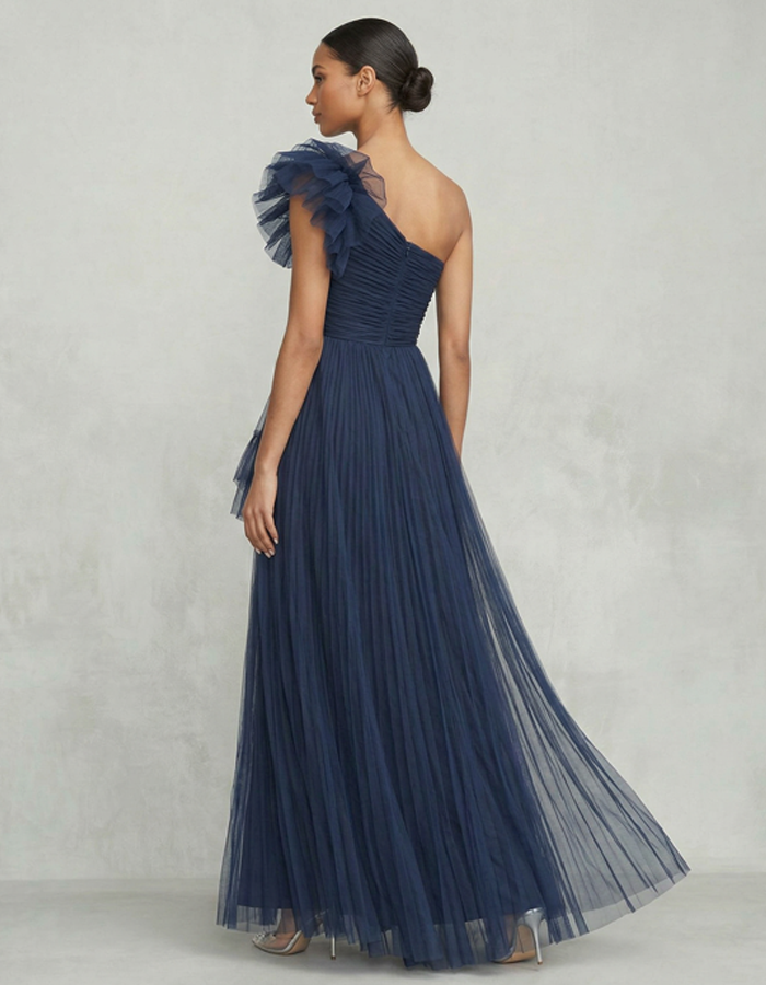 Navy One-Shoulder Ruffled Tulle Maxi Dress