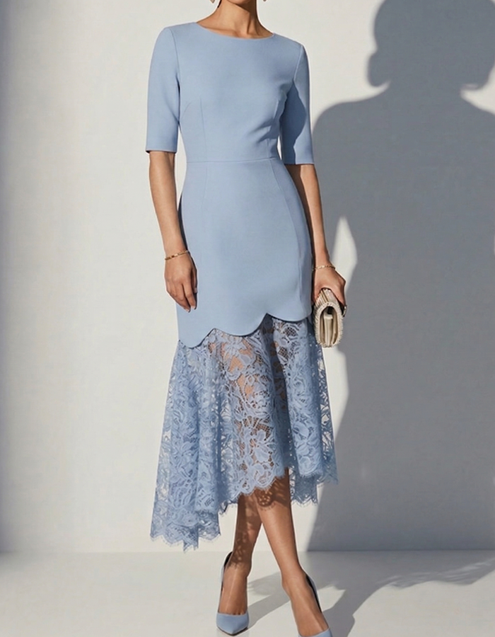 Blue Fan-Shaped Lace Midi Dress
