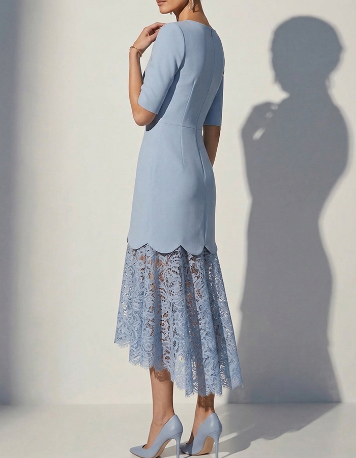 Blue Fan-Shaped Lace Midi Dress