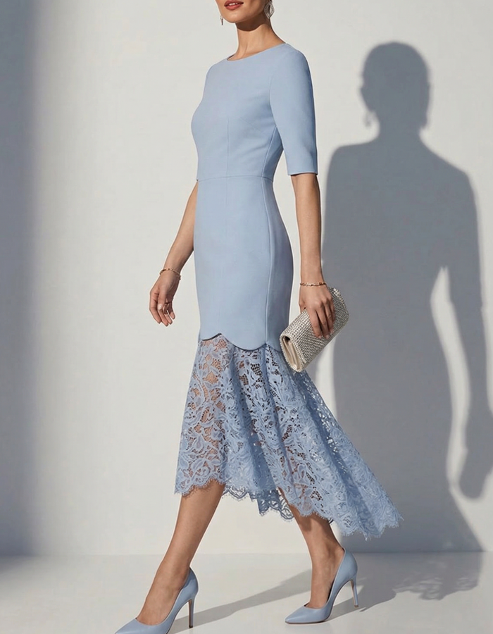Blue Fan-Shaped Lace Midi Dress