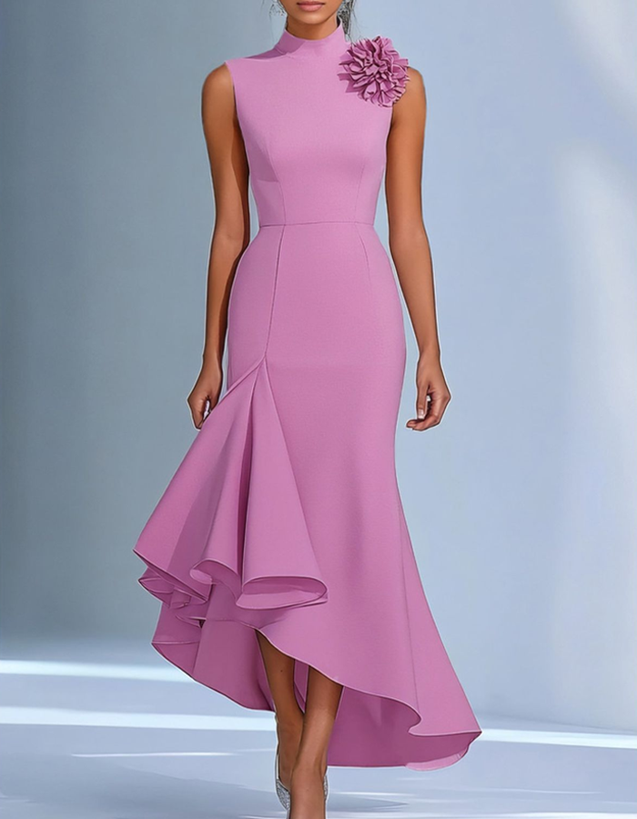Pale Pink High-Neck 3D Floral Ruffle Maxi Dress