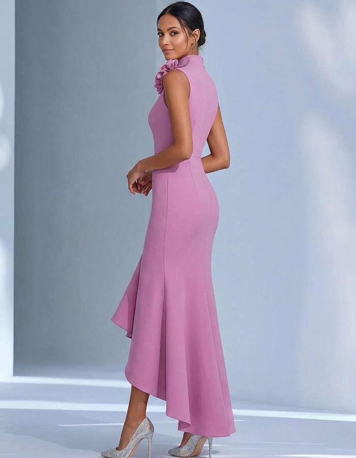 Pale Pink High-Neck 3D Floral Ruffle Maxi Dress