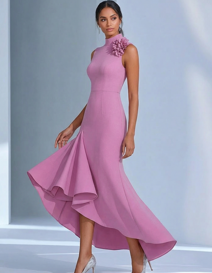 Pale Pink High-Neck 3D Floral Ruffle Maxi Dress