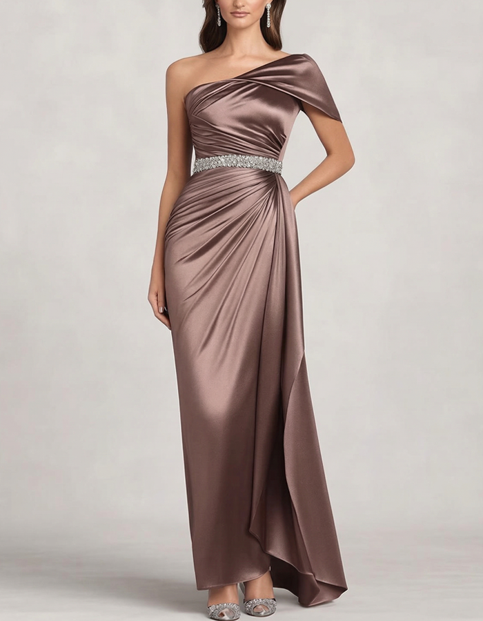 Taupe One-Shoulder Ruffled Satin Maxi Dress
