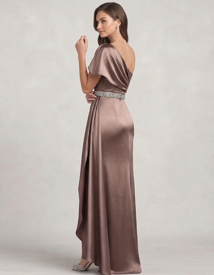 Taupe One-Shoulder Ruffled Satin Maxi Dress