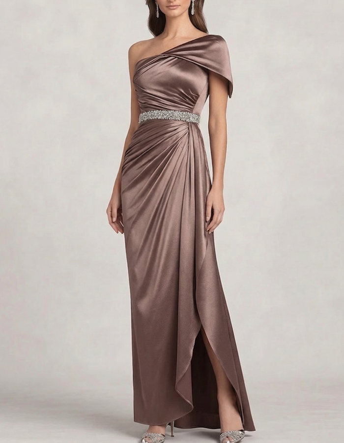 Taupe One-Shoulder Ruffled Satin Maxi Dress