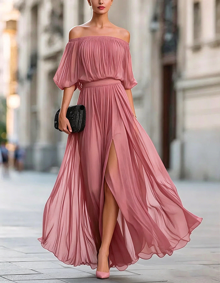 Black Off Shoulder Chiffon Slit Maxi Dress