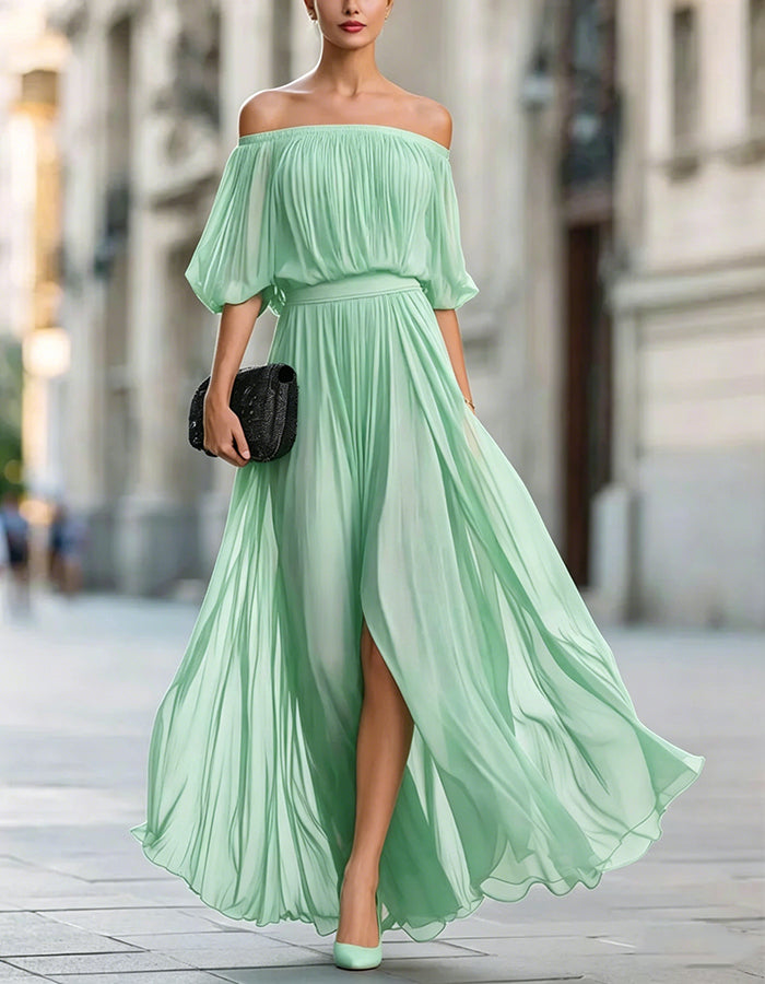 Black Off Shoulder Chiffon Slit Maxi Dress