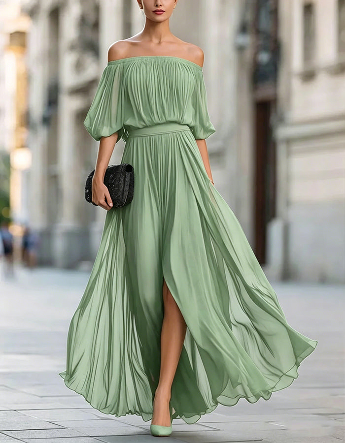 Black Off Shoulder Chiffon Slit Maxi Dress