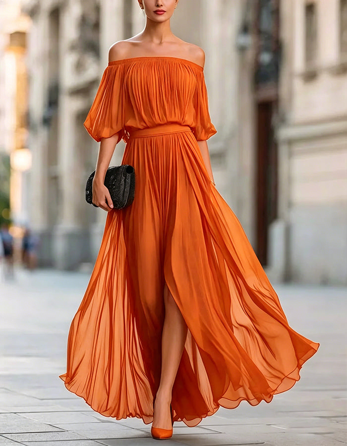 Black Off Shoulder Chiffon Slit Maxi Dress