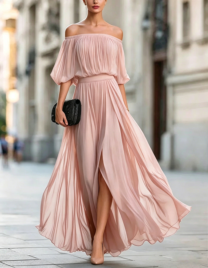Black Off Shoulder Chiffon Slit Maxi Dress