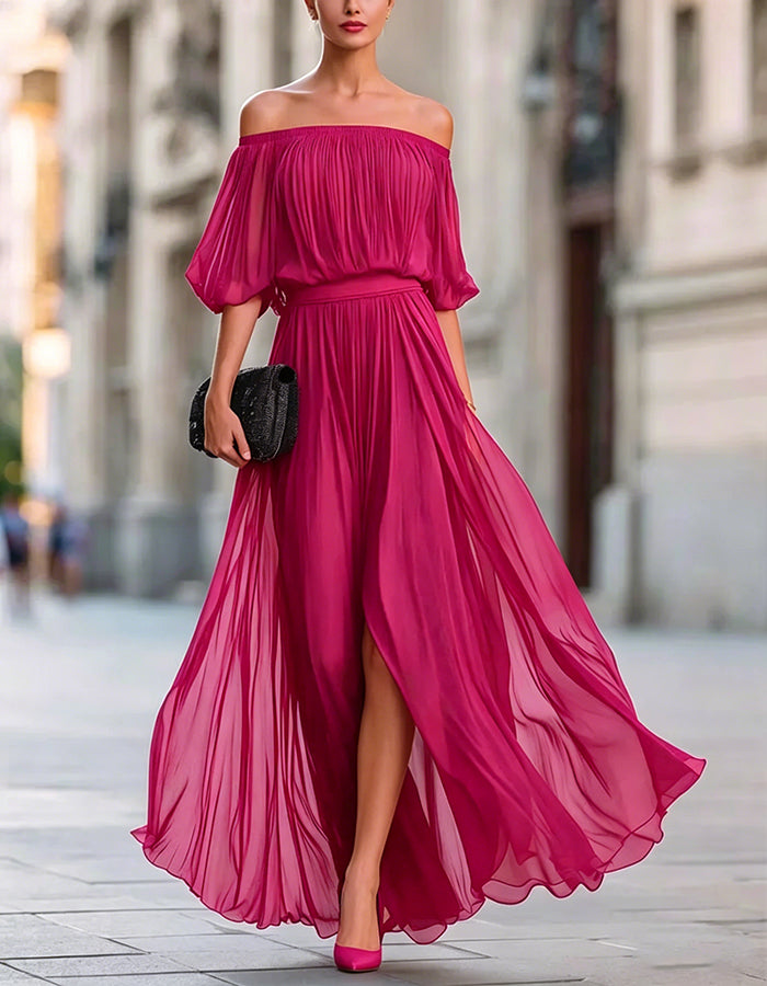 Black Off Shoulder Chiffon Slit Maxi Dress