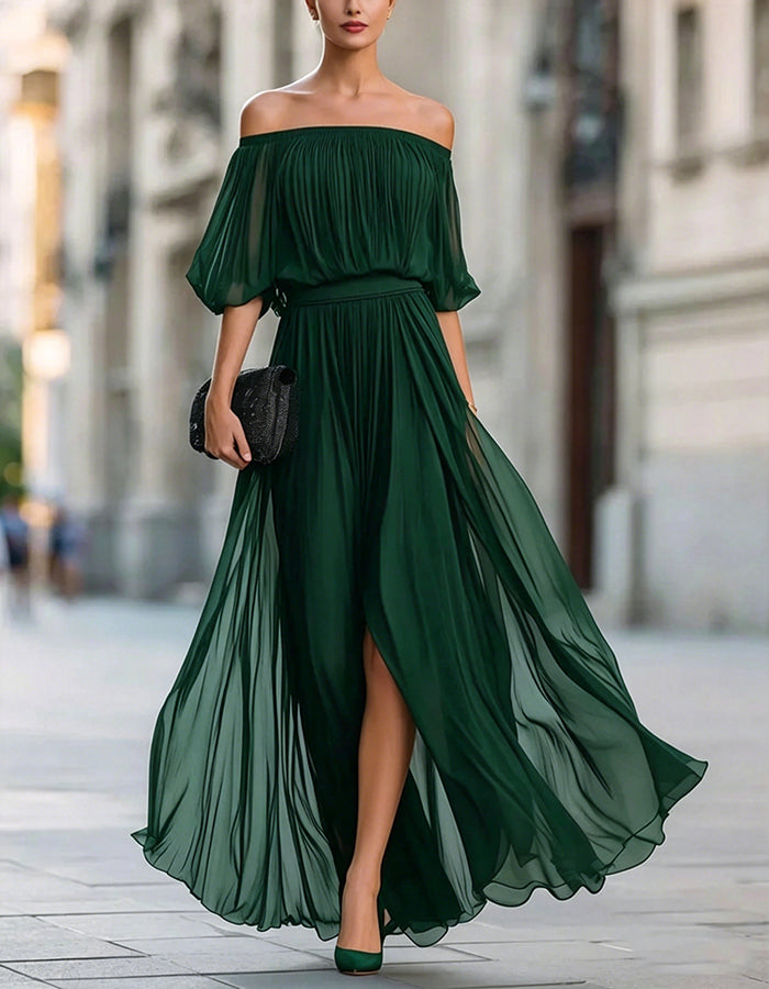 Black Off Shoulder Chiffon Slit Maxi Dress