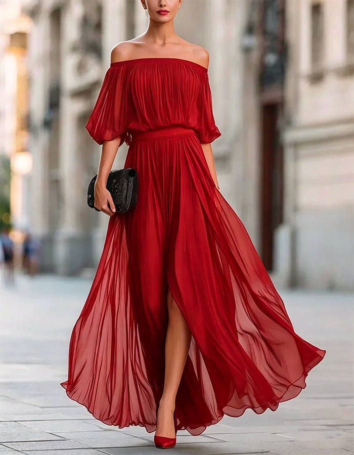 Black Off Shoulder Chiffon Slit Maxi Dress