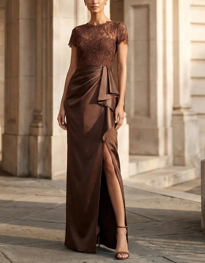 Coffee Lace Trimmed Satin With Pleats And Slits Maxi Dress