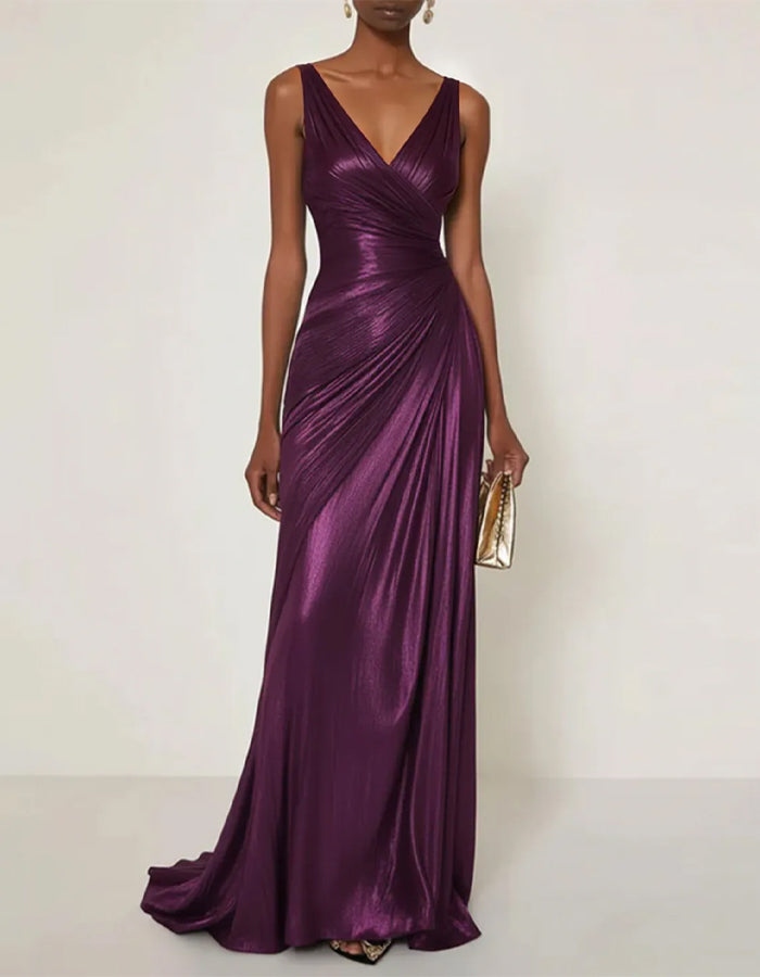 Solid Color V-neck Pleated Glossy Satin Fishtail Maxi Dress