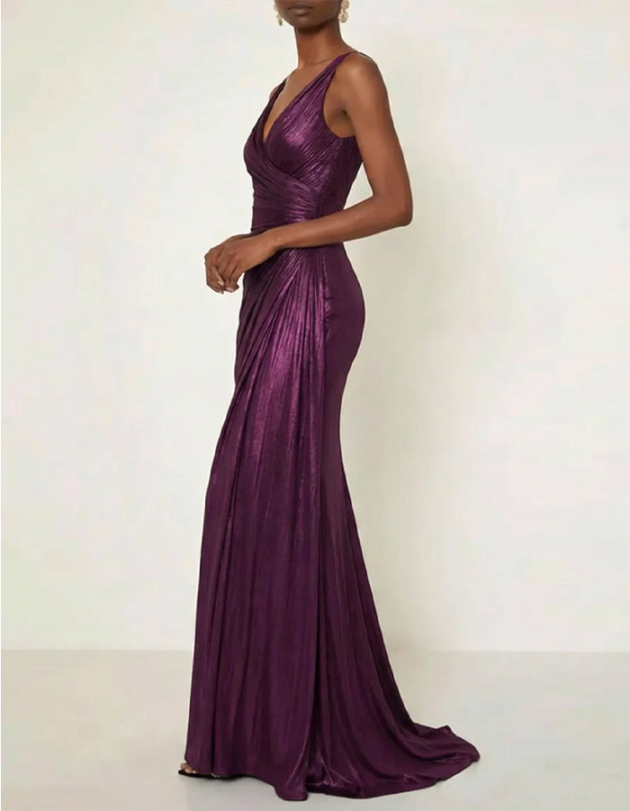 Solid Color V-neck Pleated Glossy Satin Fishtail Maxi Dress