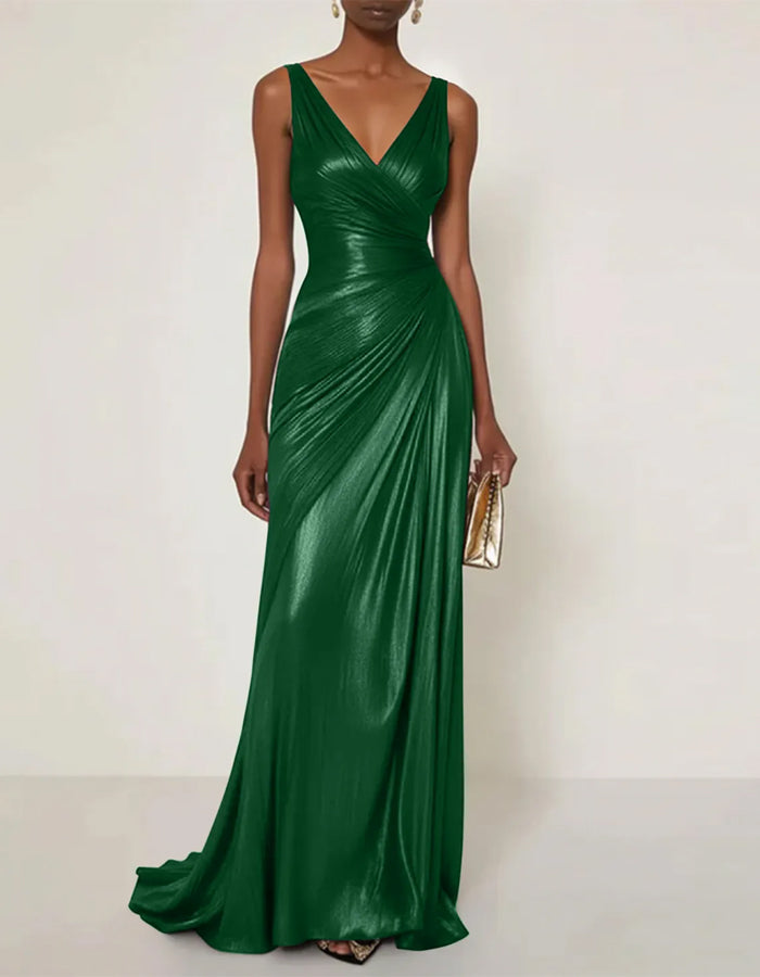 Solid Color V-neck Pleated Glossy Satin Fishtail Maxi Dress
