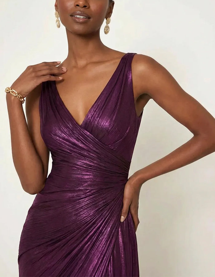 Solid Color V-neck Pleated Glossy Satin Fishtail Maxi Dress