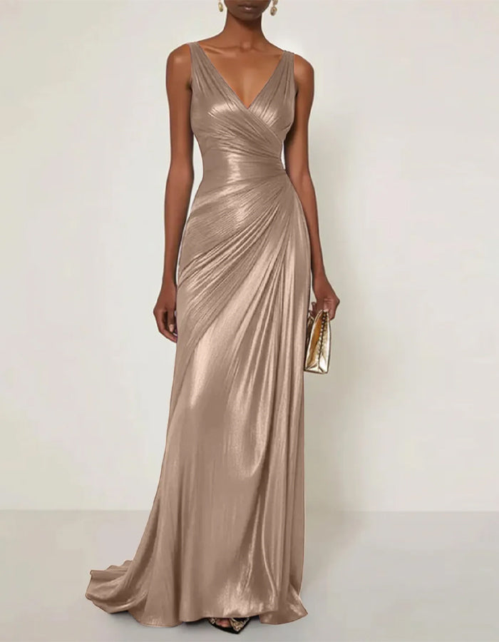 Solid Color V-neck Pleated Glossy Satin Fishtail Maxi Dress