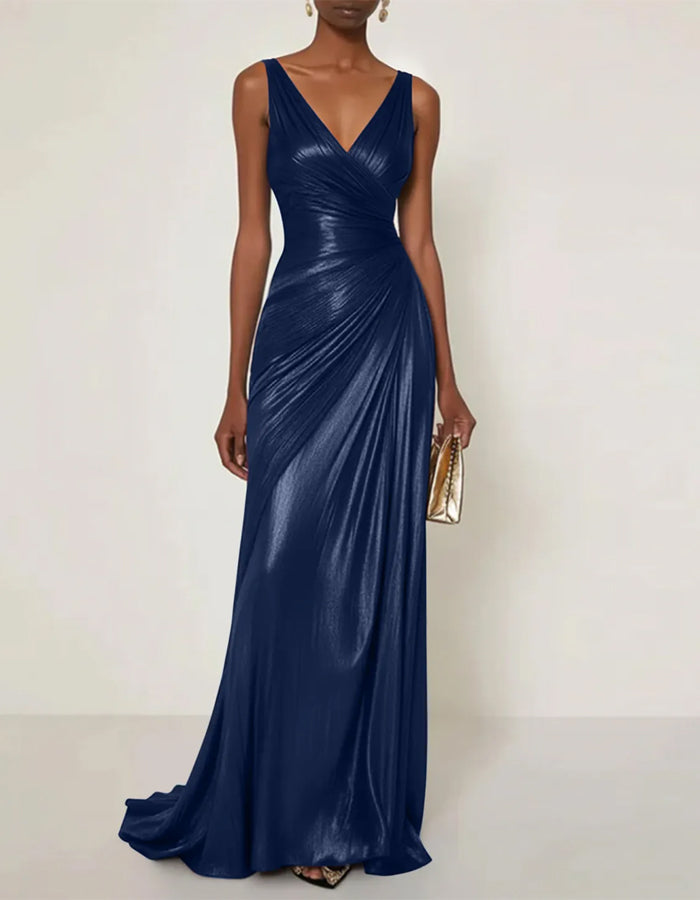 Solid Color V-neck Pleated Glossy Satin Fishtail Maxi Dress