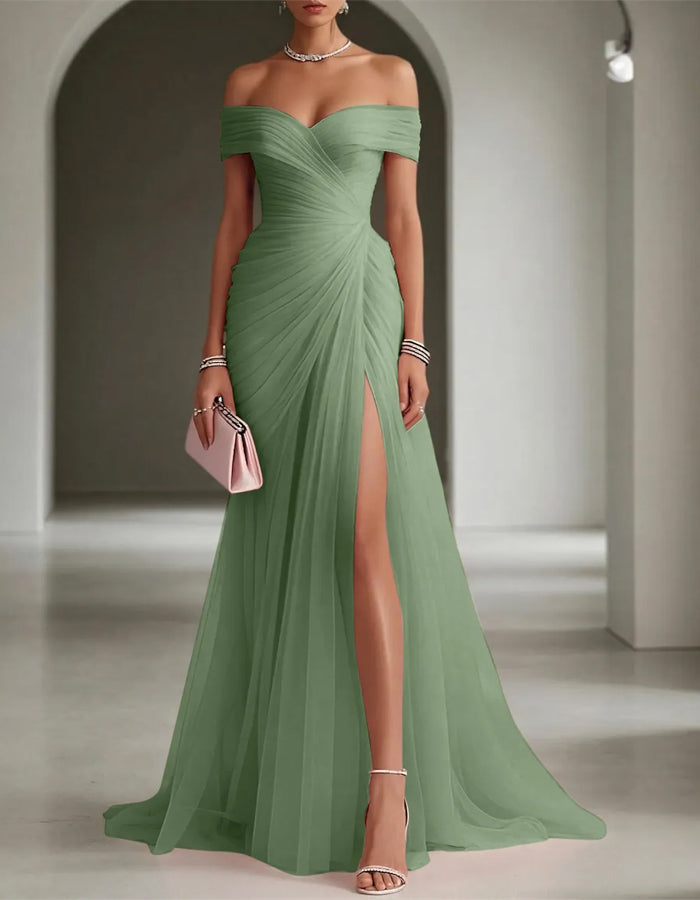 Solid Color Off Shoulder Mesh Ruching And Slit  Maxi Dress