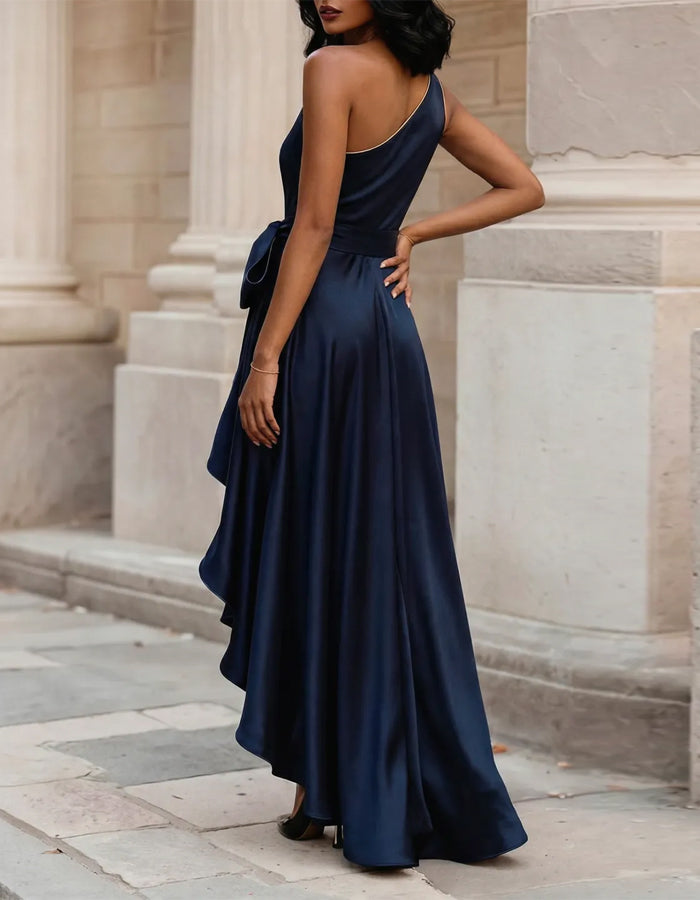 Solid Color Off Shoulder Satin Tie Maxi Dress