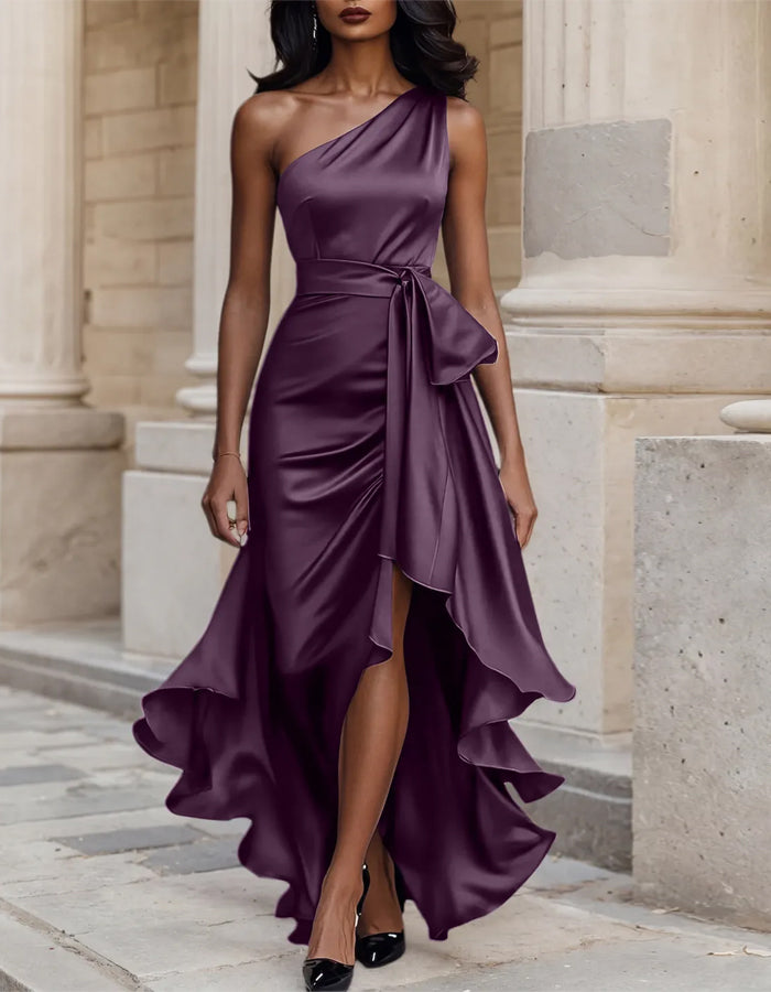 Solid Color Off Shoulder Satin Tie Maxi Dress
