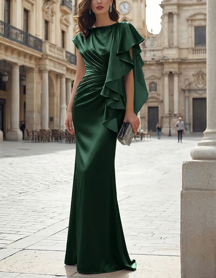Solid Color Draped Satin Shawl Fishtail Maxi Dress