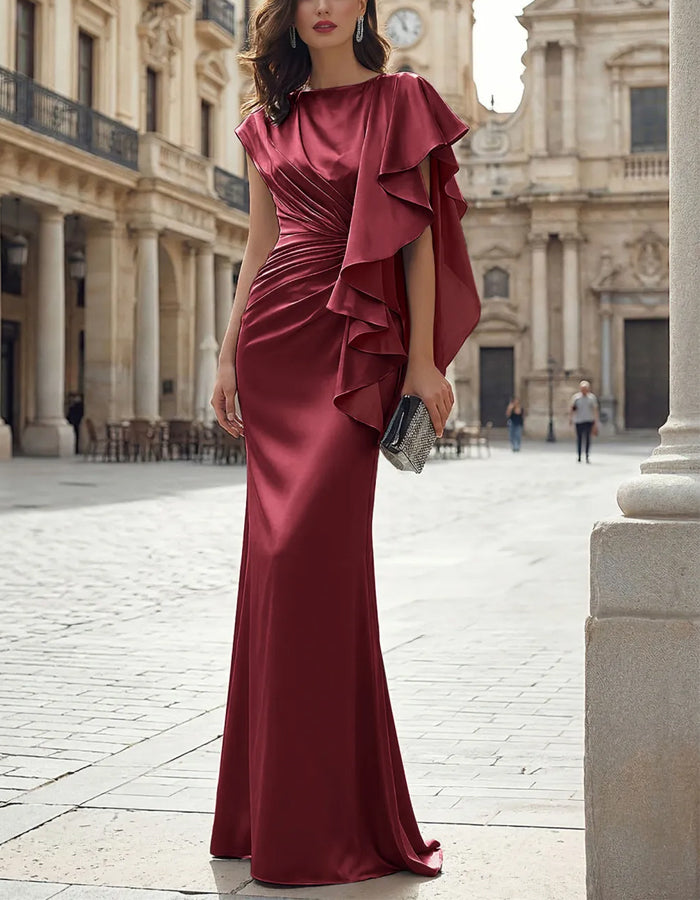 Solid Color Draped Satin Shawl Fishtail Maxi Dress