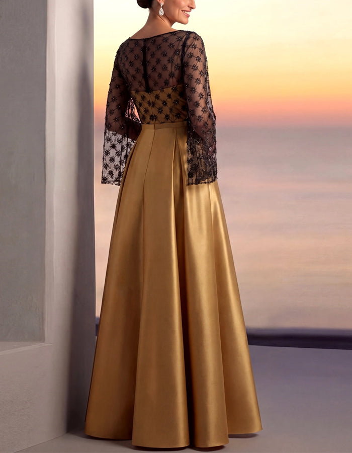 Black And Gold Color-blocked Sheer Lace Sleeves And Satin Maxi Dress