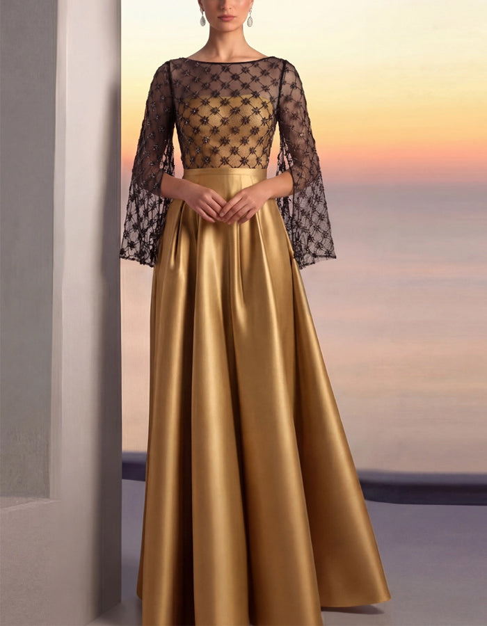 Black And Gold Color-blocked Sheer Lace Sleeves And Satin Maxi Dress