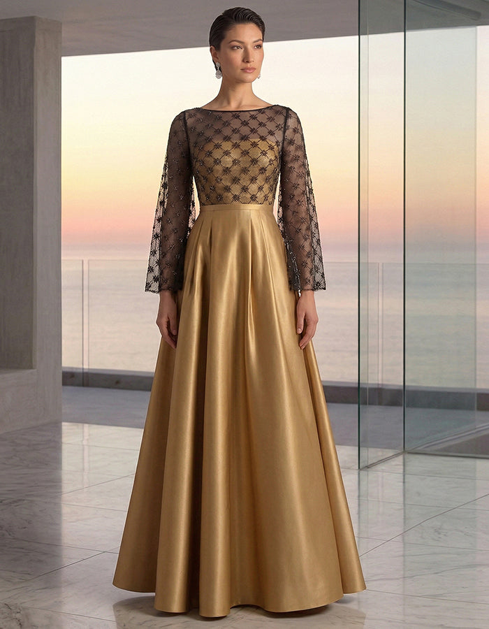 Black And Gold Color-blocked Sheer Lace Sleeves And Satin Maxi Dress