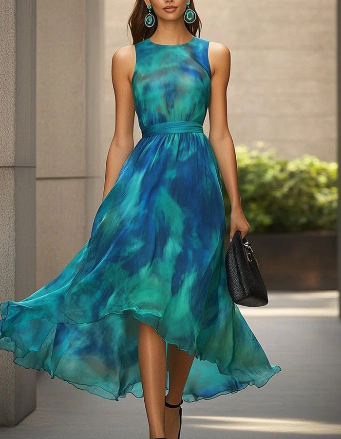 Teal & Blue Tie-Dye Sleeveless Chiffon High-Low Midi Dress