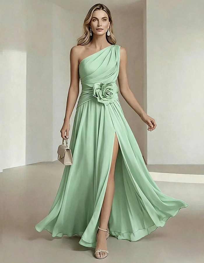 Olive Drab One Shoulder Chiffon Dress With 3D Floral High Slit Maxi Dress