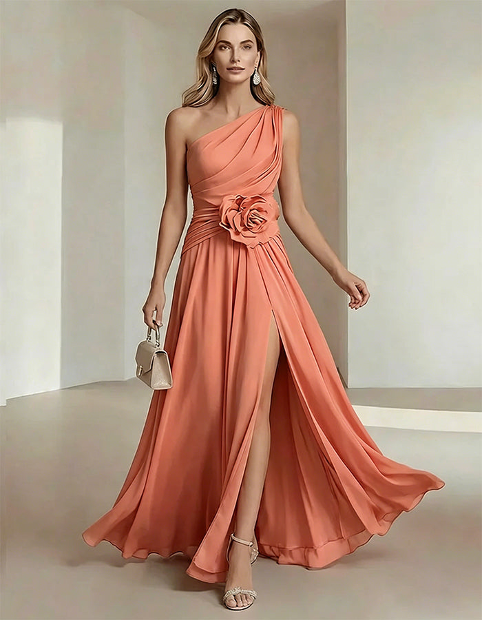 Olive Drab One Shoulder Chiffon Dress With 3D Floral High Slit Maxi Dress
