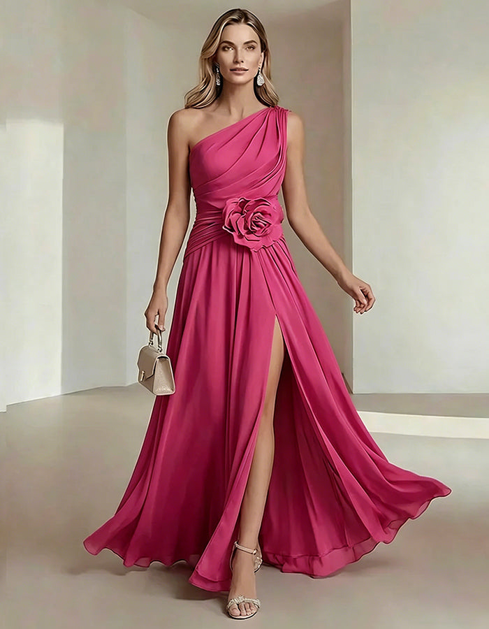 Olive Drab One Shoulder Chiffon Dress With 3D Floral High Slit Maxi Dress
